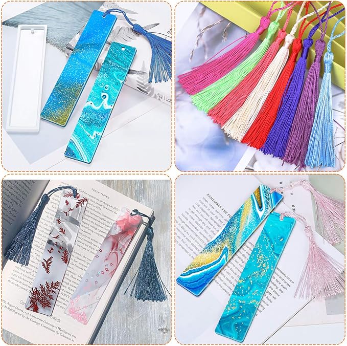 Caffox Bookmark Mold Kit with 100pcs Tassels and 10pcs Silicone Molds for Epoxy Resin Casting
