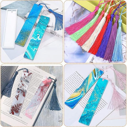 Caffox Bookmark Mold Kit with 100pcs Tassels and 10pcs Silicone Molds for Epoxy Resin Casting