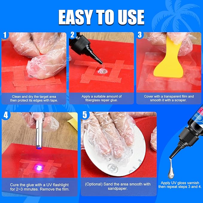 Fiberglass Repair Kit - Surfboard Repair Kit, UV Repair Glue with UV Light, Quickly Repair Scratches, Holes, and Gaps in Fiberglass, Polyester, Carbon Fiber - Fiberglass Filler for Surfboard Gelcoat
