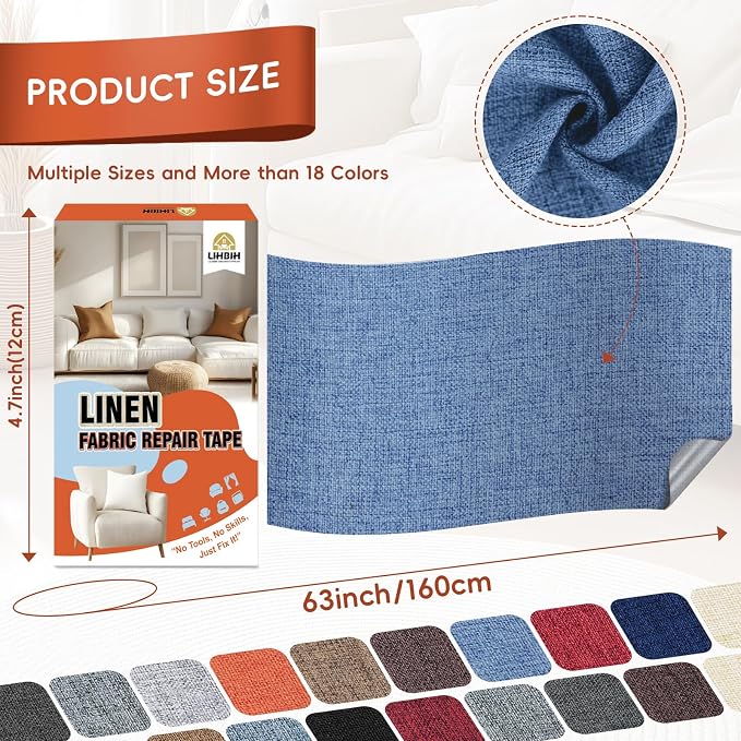 Linen Fabric Repair Tape 4.7x63 Inch, Self Adhesive Couch Patch Repair Fabric Tape for Furniture, Linen Patch Kit for Couch, Carpet, Upholstery, Chair, Sofa, Cushion, Bag (Blue)