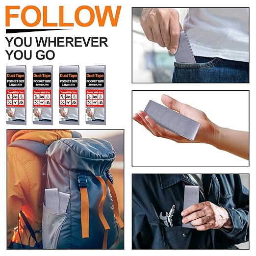 12 Pack 1.77 in x 10 ft Travel Duct Tape Mini Pocket Size Flat Roll Flexible Heavy Duty Waterproof Tear by Hand for Repair Outdoor Emergency Gear EDC DIY Craft Camping Hiking (Silver)