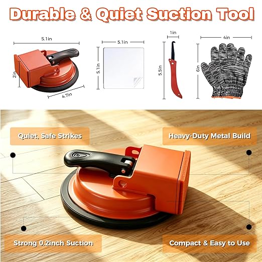 Heavy Duty Floor Gap Fixer Tool, Floor Suction Cup Tool for Gaps with 5 Cuttable Sticky Pads, Grout Scraper & Gloves, Fits ≥4.8" Wide Wood/LVP/Vinyl Flooring(Black)