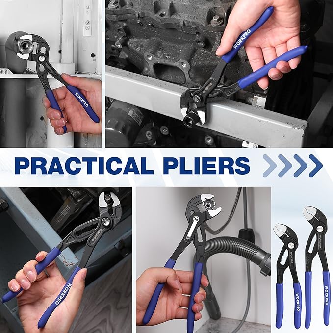 WORKPRO 7" & 10" Water Pump Pliers Set, V-Jaw Quick Adjustable Groove Joint Pliers, CR-V Tongue and Groove Pliers for Home & Industrial Repair, Push-Lock, Soft Grip, Upgraded Wide Opening