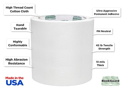 BookGuard 4 inch Premium Bookbinding Repair Cloth Tape, 15 Yard Roll, White