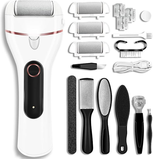 Callus Remover for Feet, Electric Foot Callus Remover Waterproof with 3 Rollers 2 Speed Battery Display,17 in1 Rechargeable Foot File Pedicure Kits for Dead Hard Cracked Dry Skin（White