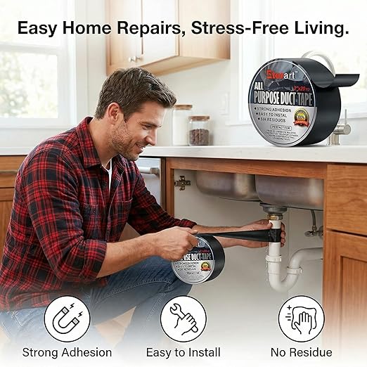 ETERART Heavy Duty Black Duct Tape, Tear by Hand & Residue-Free Industrial Strength Adhesive, Waterproof Multi-Purpose Tape for Moving, Outdoor Repair and Home DIY, 2 Inch x 20 Yards