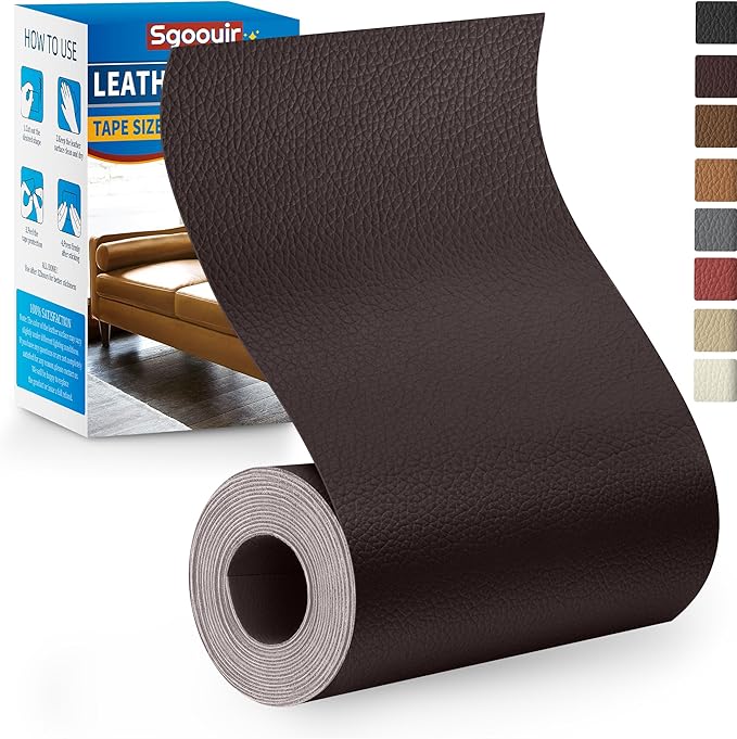 Leather Repair Patch Tape Kit, 4" x 63" Self Adhesive Leather Repair Patch for Furniture, Vinyl Leather Repair Kit for Car Seat, Chairs, Couch, Sofa, Boat Dark Brown