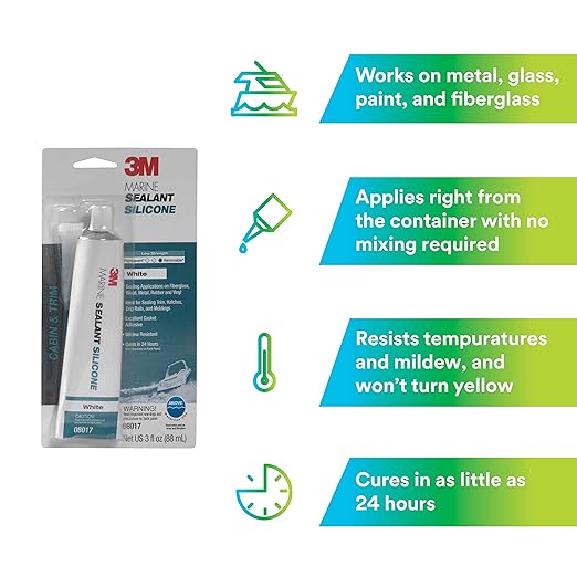 3M Marine Grade Silicone Sealant, PN08017, White, 3 oz Tube