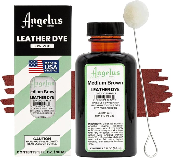 Angelus Leather Dye - Flexible Leather Dye for Shoes, Boots, Bags, Crafts, Furniture, & More 3oz, Dauber Included (Medium Brown)