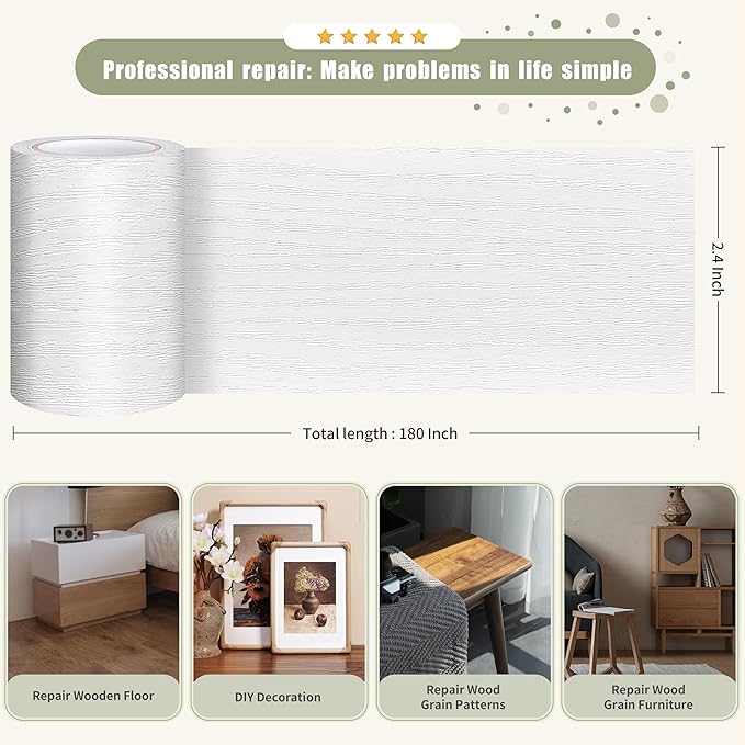 Besezx Wood Grain Repair Tape, 2.4" X15', Self Adhesive Wood Grain Repair Patch for Tables, Chairs, DIY,Baseboards, Doors, Windows, Floors and Furniture Renovation.（White）