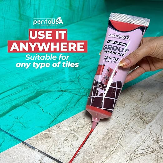 PentaUSA Tile Grout Repair Kit - Red Premixed Acrylic Sanded Grout, Water-Resistant Grout Filler for Bathroom&Shower, Kitchen Floor, Fast Drying, with Applicator, 13.4 oz (380g)