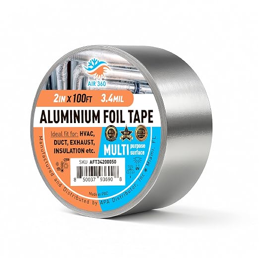 Air 360 Aluminum Foil Tape 2 Inch x 100 FT - HVAC Foil Tape for Ductwork, Dryer Vent, AC & Pipe Insulation - Heavy Duty High Temp Heat Resistant Metal Duct Tape, Waterproof Aluminum HVAC Tape