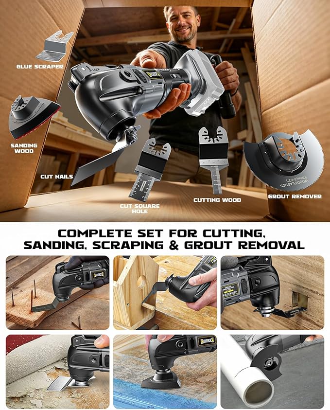 Cordless Oscillating Tool for Dewalt 20V Battery, 6 Variable Speed Brushless-Motor Tool, Oscillating Multi Tool Kit for Cutting Wood Drywall Nails Remove Grout & Sanding(Battery Not Included)
