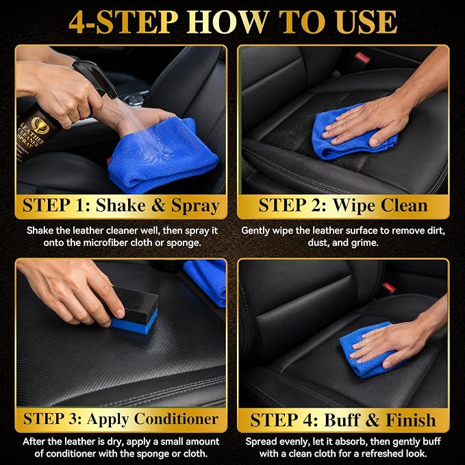 Leather Cleaner and Conditioner Kit, 5-Piece Leather Care Kit with Cleaner Spray, Conditioner, Microfiber Cloth, Sponge & Spray Nozzle, Leather Cleaner for Couches, Car Seats, Furniture, Bags