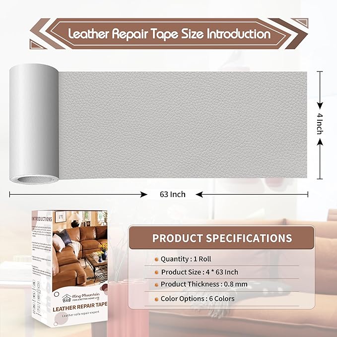 KING MOUNTAIN Leather Repair Patch,4 x 63 Inches self Adhesive Leather Repair Tape for Damaged Leather Furniture, Sofa Seating,Car Seats, Leather Goods(Light Grey)