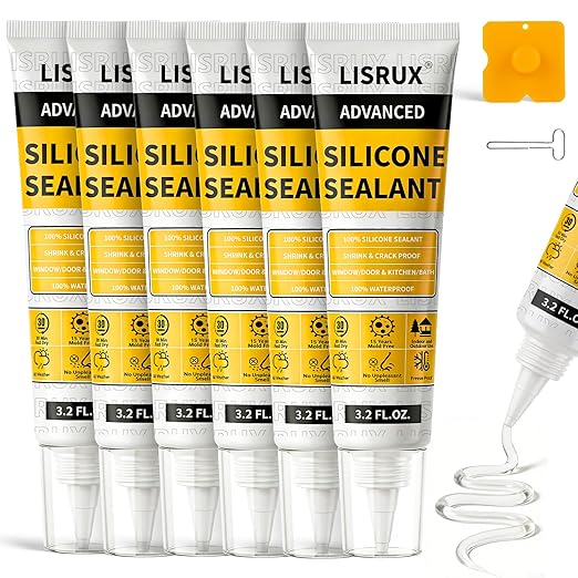LISRUX Advanced Clear Silicone Caulk for Kitchen & Bathroom - 6 Pack (3.2 Fl Oz Each) | 100% Waterproof Silicone Sealant | Super Strong Adhesion, Shrink & Crack Proof
