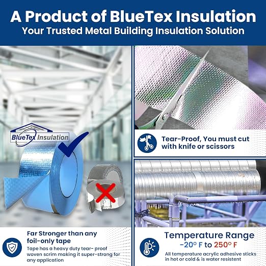 BlueTex Insulationㅤ HVAC Aluminum Foil Tape 2 inch x 150 ft (6 mil), Professional Grade Silver Metallic Tear-Proof HVAC Tape, Heavy Duty Aluminum Tape for Ductwork, Dryer Vent & Insulation - 12 Rolls