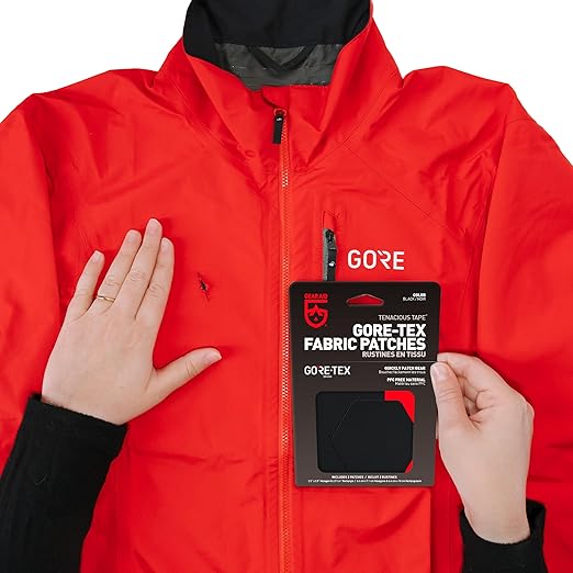 GEAR AID Tenacious Tape Gore-TEX Fabric Patches for Waterproof Jacket & Rain Gear Repair, Black, 2.5” x 2.8” Hex & 2.5” x 4” Rectangle, 2 Patches