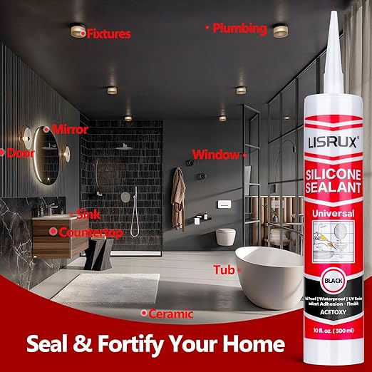 LISRUX Advanced Black Silicone Caulk for Kitchen & Bathroom,10 fl oz Cartridge,12 Pack, Cartridge,100% Waterproof RTV Silicone Sealant,Stronger Adhesion,Shrink & Crack Proof