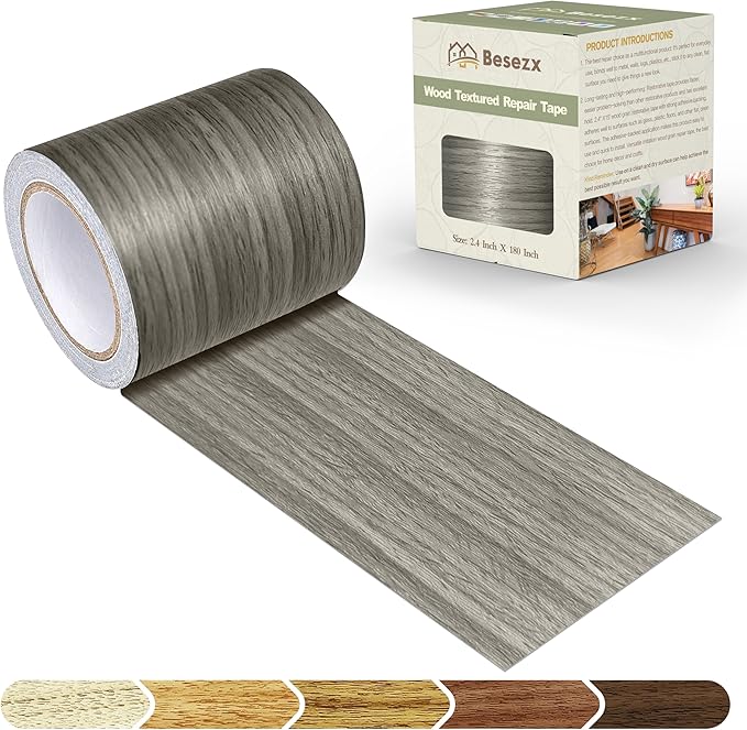 Besezx Wood Grain Tape, 2.4" X15', Self Adhesive Wood Grain Repair Patch for Tables, Chairs, DIY,Baseboards, Doors, Windows, Floors and Furniture Renovation.（Gray）