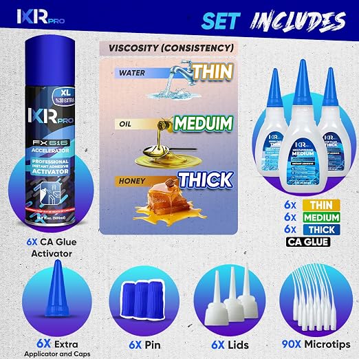 CA Glue with Activator Kit – 18 x 1.75 oz (Thin, Medium, Thick) + 6X 16.9 fl oz Accelerator Spray, Cyanoacrylate Super Glue for Woodworking, 3D Printing, Plastic, Guitar Repair & Hobby Projects