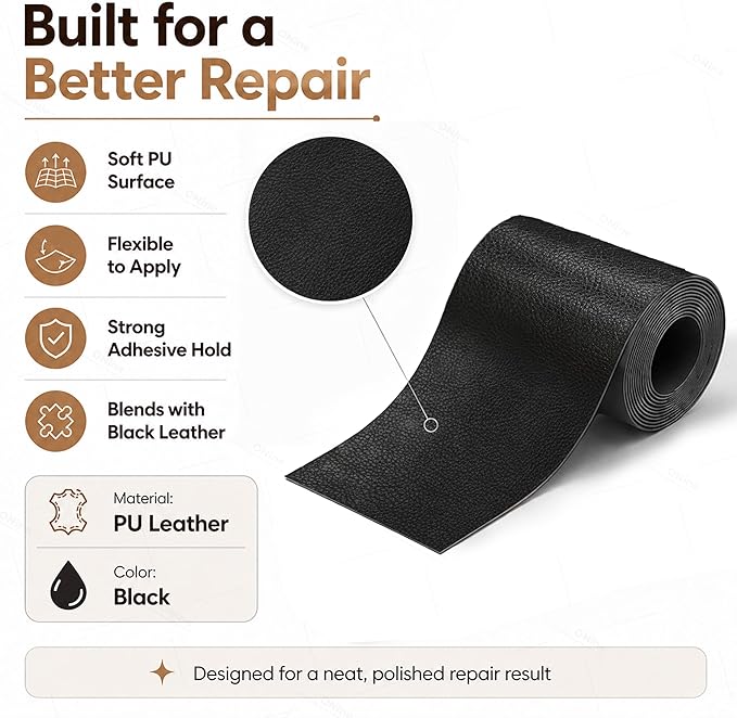 ONine Leather Repair Tape,Self Adhesive Leather Repair Patch,Leather Patches for Furniture,Sofa,Car Seats,Office Chair. Vinyl Repair Kit 3x60in (Black)
