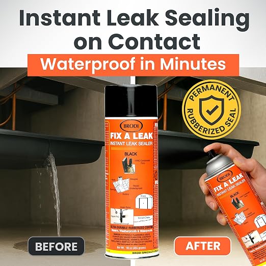 Fix-A-Leak Black, Liquid Rubber Spray, Stops Leaks Instantly, Flexible, Waterproof, Crack-Resistant, Prevents Rust & Corrosion, for Roof, Gutter, Drain, HVAC & More (Black), Rubber Spray Sealant