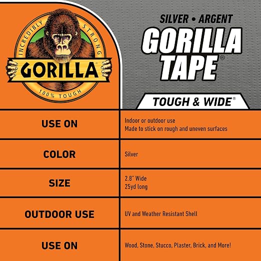 Gorilla Tape Tough & Wide, Silver Tape, 2.88" x 25 yd (Pack of 4) - Heavy Duty and Weather Resistant for Indoor or Outdoor