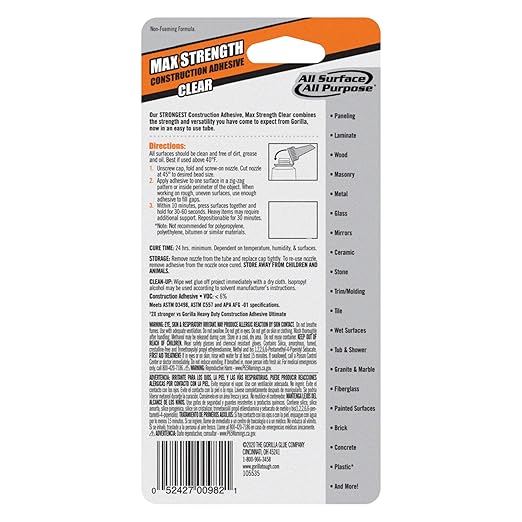 Gorilla Max Strength Construction Adhesive, Clear Glue, 2.5 Ounce Squeeze Tube (Pack of 2) - Gap Filling and Waterproof