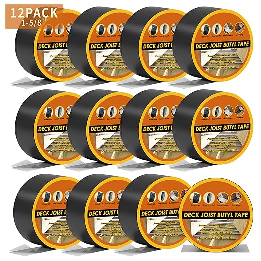 12 Pack Deck Joist Tape, 1-5/8" x 50' Deck Butyl Tape,Waterproof Joist Tape, Weather Resistance Flashing Tape for Repairing Seal Protect Beams and Wood Decks