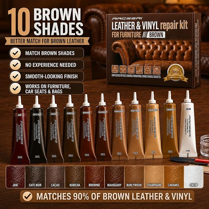 ARCSSAL Brown Leather & Vinyl Repair Kit with 10-Color Matching, DIY Couch & Car Seat Repair, Restore Scratches Tears & Cracks on Genuine Faux Bonded Leather Sofa Furniture