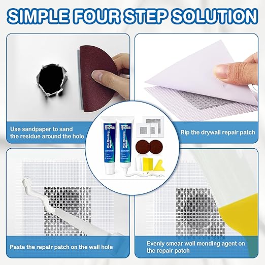Drywall Repair Kit – 2 × 4.23 oz Fast Dry Putty Tubes with 2×2″ & 4×4″ Wall Patch Mesh, Dual Scrapers & 2 Sandpapers | Quick-Dry Spackle & Sheetrock Crack Filler for Wall, Ceiling & Plaster Repair