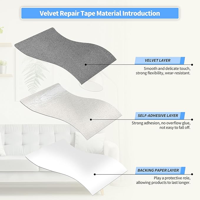 KING MOUNTAIN Couch Fabric Repair Patch, Fabric Patches for Furniture, 4" x 63" Waterproof Velvet Repair Tape for Sofas, Car Seats, Furniture, Upholstery Fabrics and Velvet Goods. （Charcoal Grey）