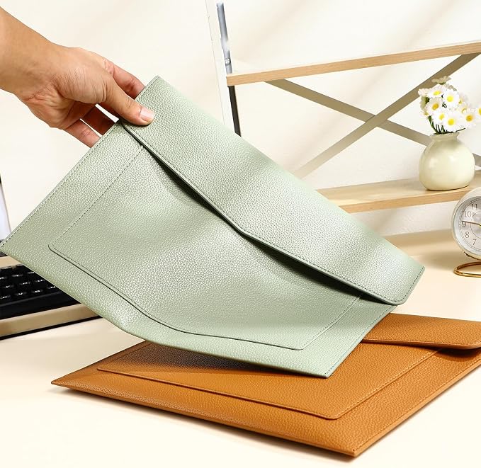 A4 Large Capacity Document Bag, Premium PU Leather File Holder, Multi-Color, Double-Layer Design, 13.39 x 10.04 Inches (Green)