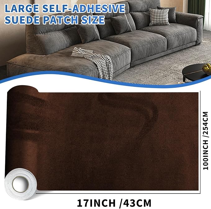 Suede Repair Patch,17x100inch Large Faux Suede Leather Fabric，Self-Adhesive Fabric Patches for Furniture, Couch, Sofa, Car Interior, Shoes, Hand Bag, Jewelry Boxes ﻿ (Dark Brown,)