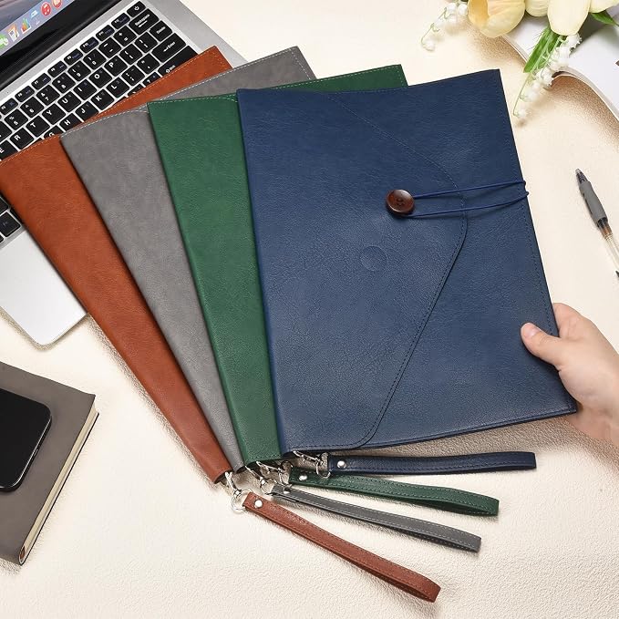 PATIKIL Leather Folder, 14x10 Leather Document Holder File Folder PU Pouch Bag Portfolio File Organizer Handbag Button Personal Envelope Waterproof for Traveling Men Gift, Blue