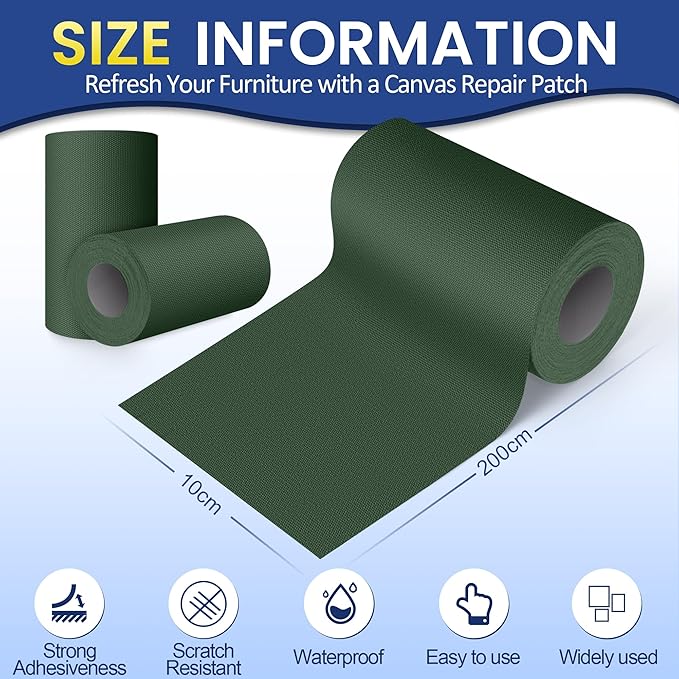Self-Adhesive Canvas Repair Tape, 4" x 79" Waterproof Canvas Repair Patch, Fabric Patch Repairs Kit for Furniture, Tents, Sunbrellas, Boat Covers Awnings, Couches, Clothes, Bags Army Green