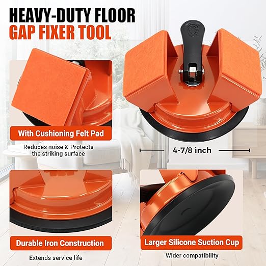 Floor Gap Fixer Tool: Flooring Repair Tool with Dual 45° Striking Surface & Suction Cup for Laminate & Vinyl Plank (LVP/SPC) Floors, Floor Gap Puller Kit with Rubber Mallet, 6 Sticky Pads & Scraper