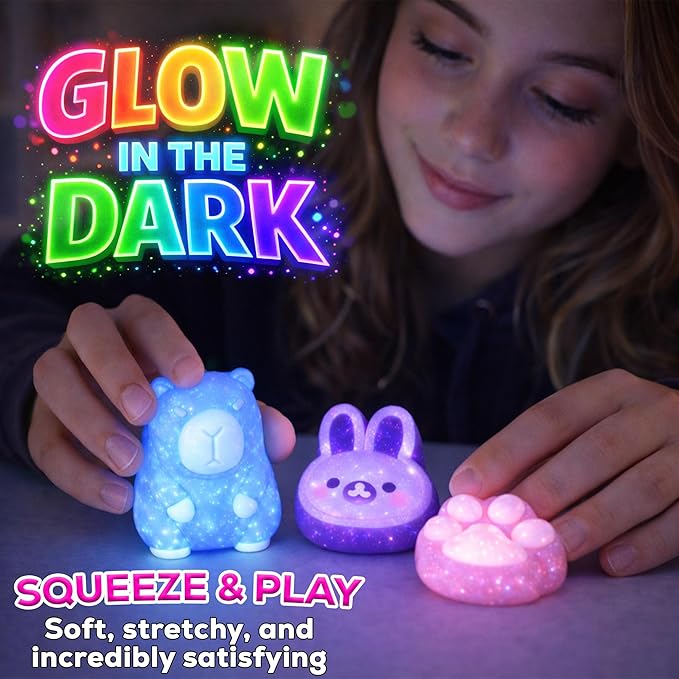 Jim&Gloria Glow in the Dark DIY Squishy Making Kit - Make Your Own Squishies All-in-One Squishy Maker Craft Kit with 1:1 Liquid Silicone, 3 Cute Animal Molds Mini Paw, Capybara, and Bunny Easter Gifts
