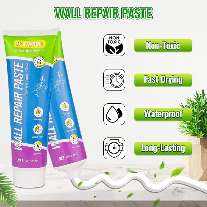 Jetmore 12 Pcs Drywall Repair Kit, 3 × 3.5 oz (100g Each) Spackle, Wall Repair Paste, Wall Putty, Wall Hole Filler with Putty Knife & Sanding Pad for Nail Holes, Cracks, Dents, Wall Mending Agent
