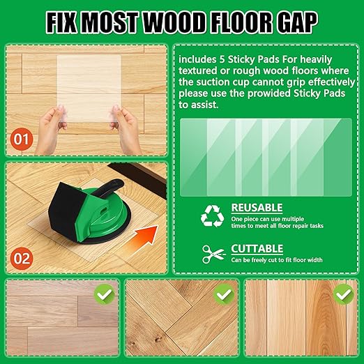 Floor Gap Fixer Tool 45°&90°Striking Surfaces Floor Gap Repair Tool Made of Iron & Enhanced Suction Cup with Slot Cutter and 5pcs Sticky Pads for Fixer Laminate/Vinyl Flooring Tools (Green)