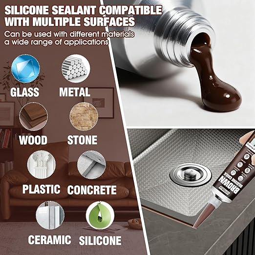 Brown Caulk, Shrink & Crack Proof Brown Silicone Caulk for Kitchen Bathroom Window Toilet Sink Door Caulking Sealant, Waterproof Stronger Adhesion, All Purpose, 100ML