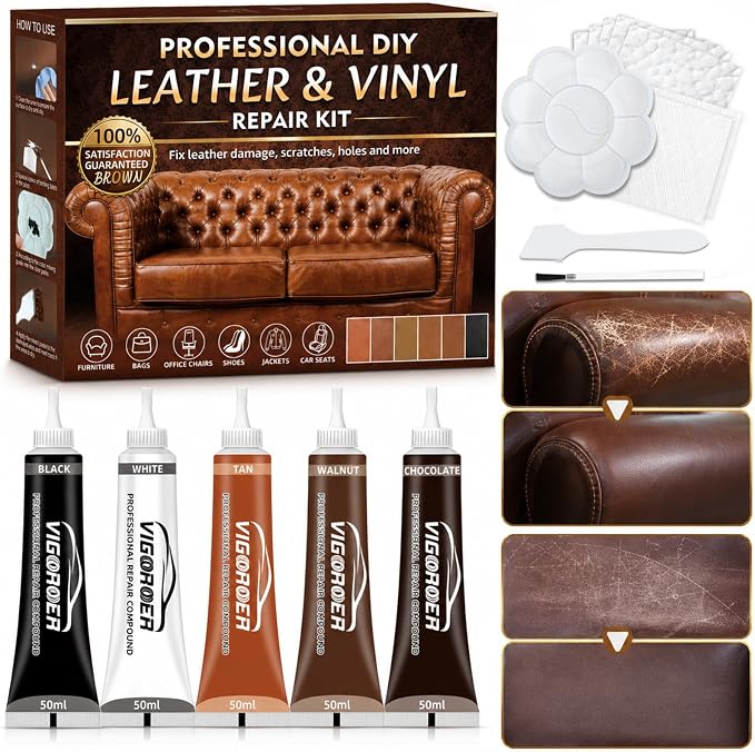 Vigorder Brown Leather Repair Kit for Furniture, Leather Couch Repair Kit for Sofa, Car Seats, Jacket and Purse, Fix Scratches, Tears, Holes, Cracks and Peeling with Easy Instructions