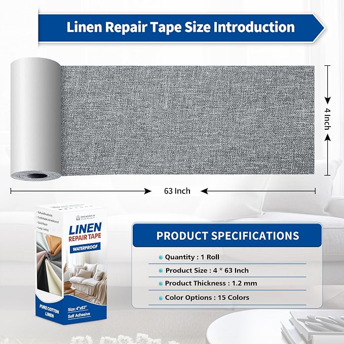 KING MOUNTAIN Linen Repair Patches, Self-Adhesive Fabric Patches, 4 X 63 inch Extra Size, Multi Color, Can be Used for Sofa Repair (Charcoal Grey1.0)