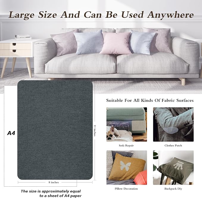 KING MOUNTAIN Fine Linen Repair Patches, Self-Adhesive Linen Fabric Patches, 8X11 inch Extra Size, Multi Color, Can be Used for Linen Sofa Repair (8" x 11"-2PCS,Charcoal Gray)