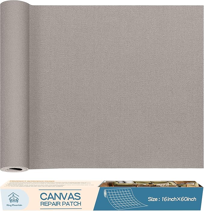 KING MOUNTAIN Canvas Repair Patch 16×60 Inch Self-Adhesive Waterproof Fabric Patch for Sofas, Tents, Furniture,Tote Bags, Car Seats (Light Grey)