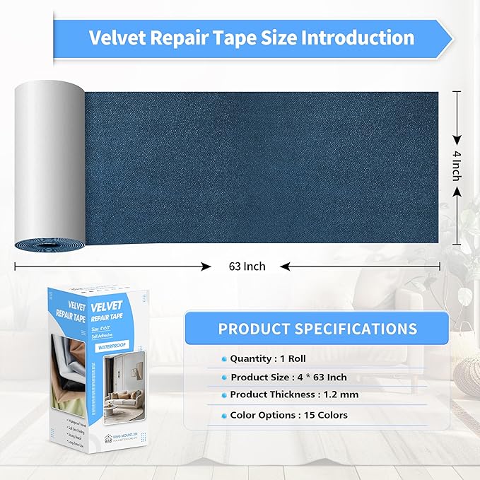 KING MOUNTAIN Couch Fabric Repair Patch, Fabric Patches for Furniture, 4" x 63" Waterproof Velvet Repair Tape for Sofas, Car Seats, Furniture, Upholstery Fabrics and Velvet Goods. （Dark Blue）