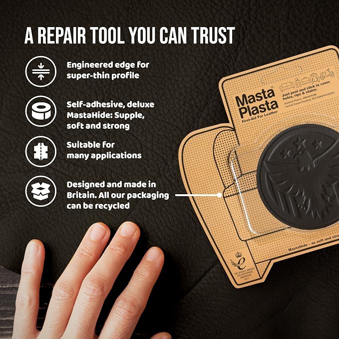 MastaPlasta Premium Leather Repair Patch – 3 Inch Black Eagle – Self‑Adhesive, Upholstery‑Grade, Ready‑to‑Use. Your Professional DIY Repair for Couches, Car Interiors, Bags and More