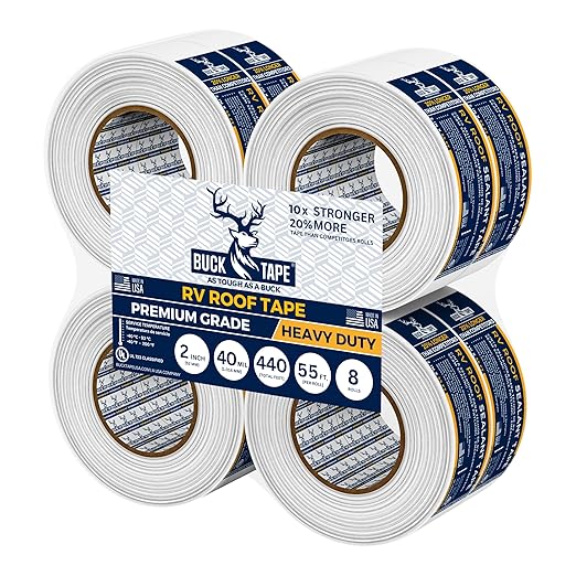 8 Pack Buck RV Roof Sealant Tape – 2 Inch x 55ft, 40 Mil – Waterproof RV Tape for Roof Repair, Seams, Skylights, Vents & Window Leaks on Camper, Trailer & Boat, UV Resistant & Weatherproof, White