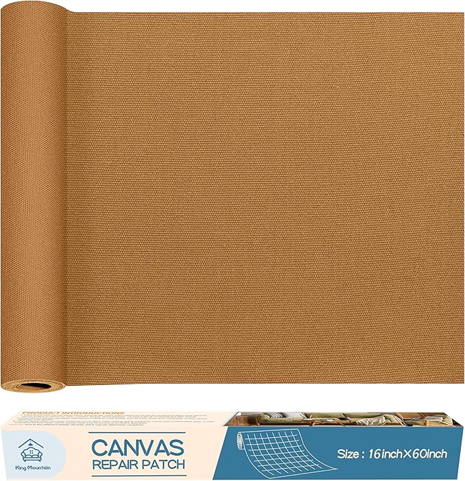 KING MOUNTAIN Canvas Repair Patch 16×60 Inch Self-Adhesive Waterproof Fabric Patch for Sofas, Tents, Furniture,Tote Bags, Car Seats (Light Brown)